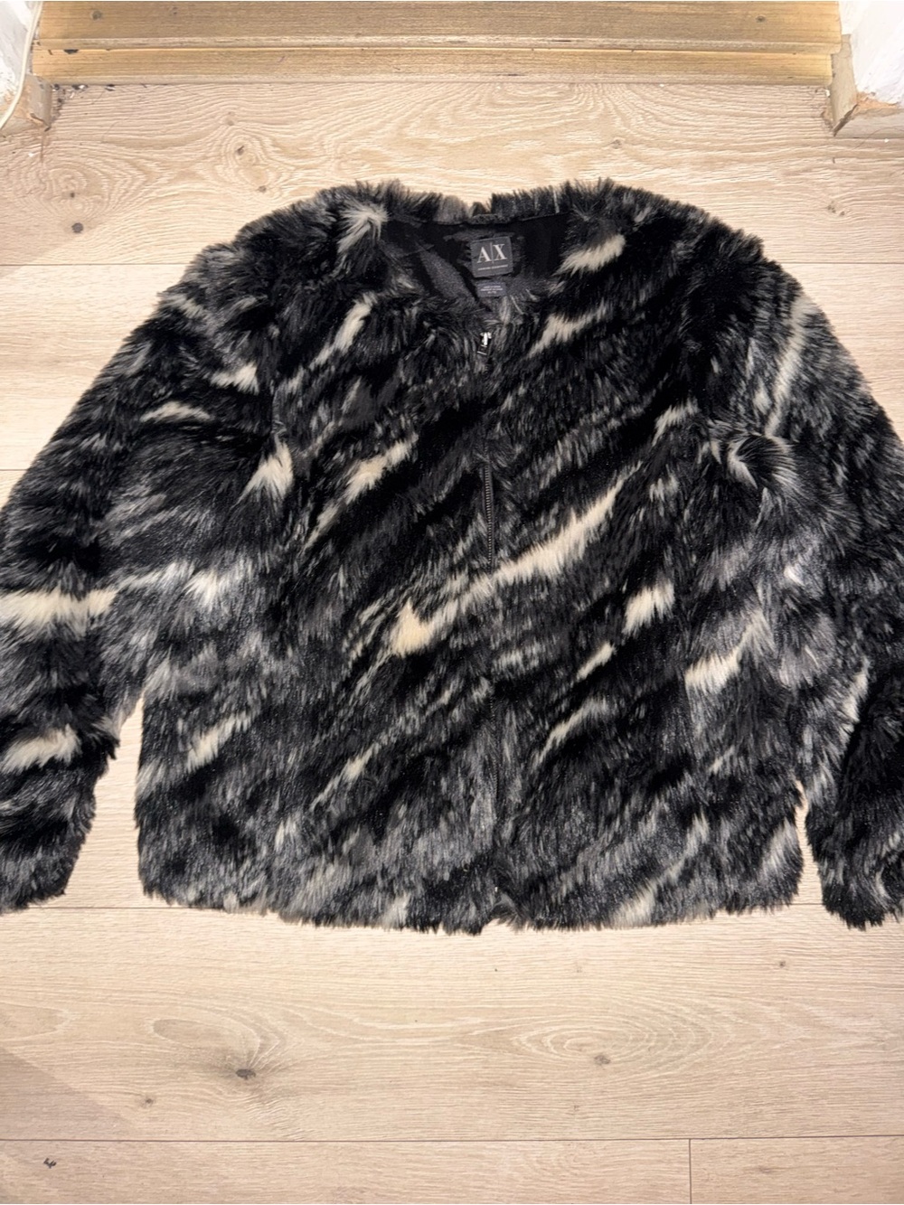 Armani Exchange Black & White Striped Faux Fur Jacket
